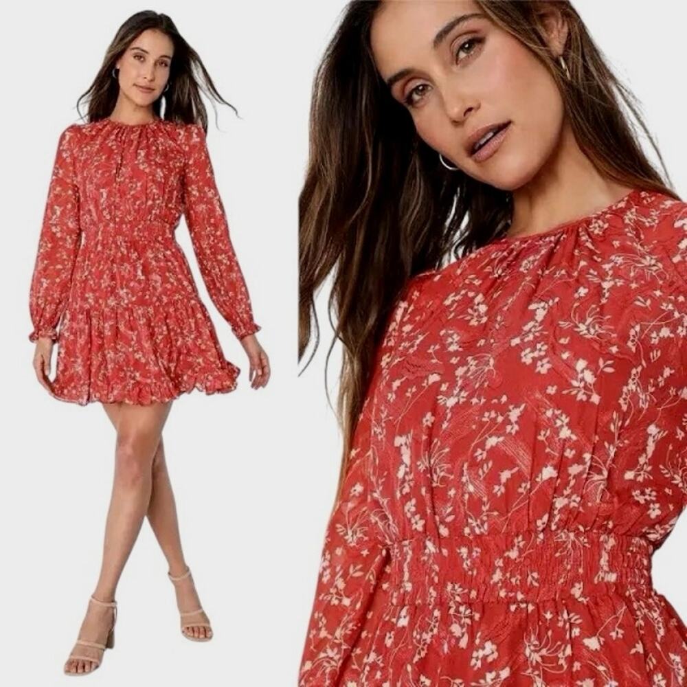 Lulus Too Cute Floral Print Smocked Long Sleeve Mini Dress Size Medium Red - Picture 3 of 9